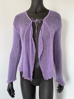 275. Sambar Lavender Open Knit Cardigan Boho Tie Front Crochet Top OS